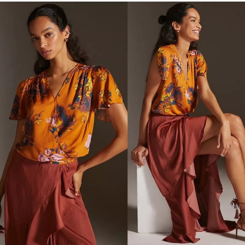 ANTHROPOLOGIE TINY Venus Floral Wrap Top Medium Boho Stretch Jersey Knit